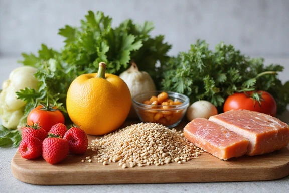 Alimenti sani su un tavolo da cucina per una dieta equilibrata