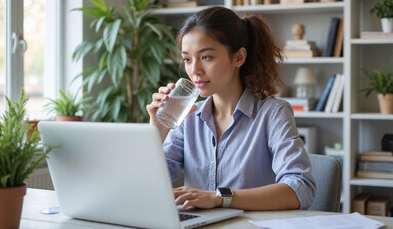 Persona che beve acqua da una borraccia durante una sessione di studio o lavoro, simboleggiando la concentrazione e l'idratazione.